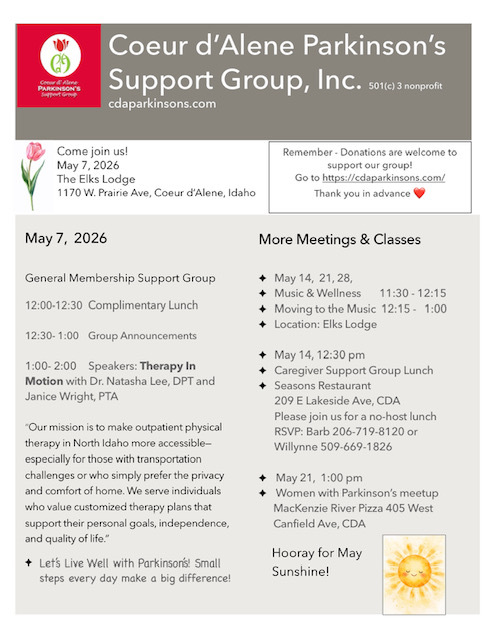 CDA Parkinson's May 2026 event flyer